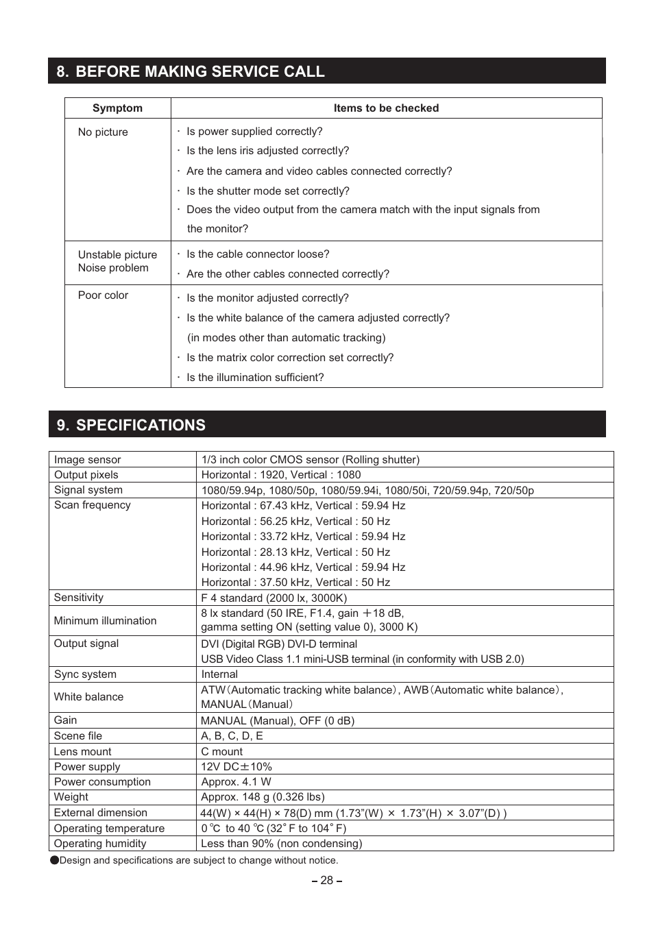 Before making service call, Specifications | Toshiba IK-HR2D User Manual | Page 28 / 30