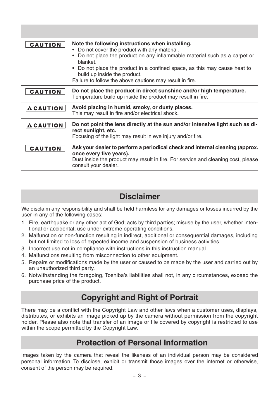 Disclaimer, Copyright and right of portrait, Protection of personal information | Toshiba IK-HR2D User Manual | Page 3 / 30