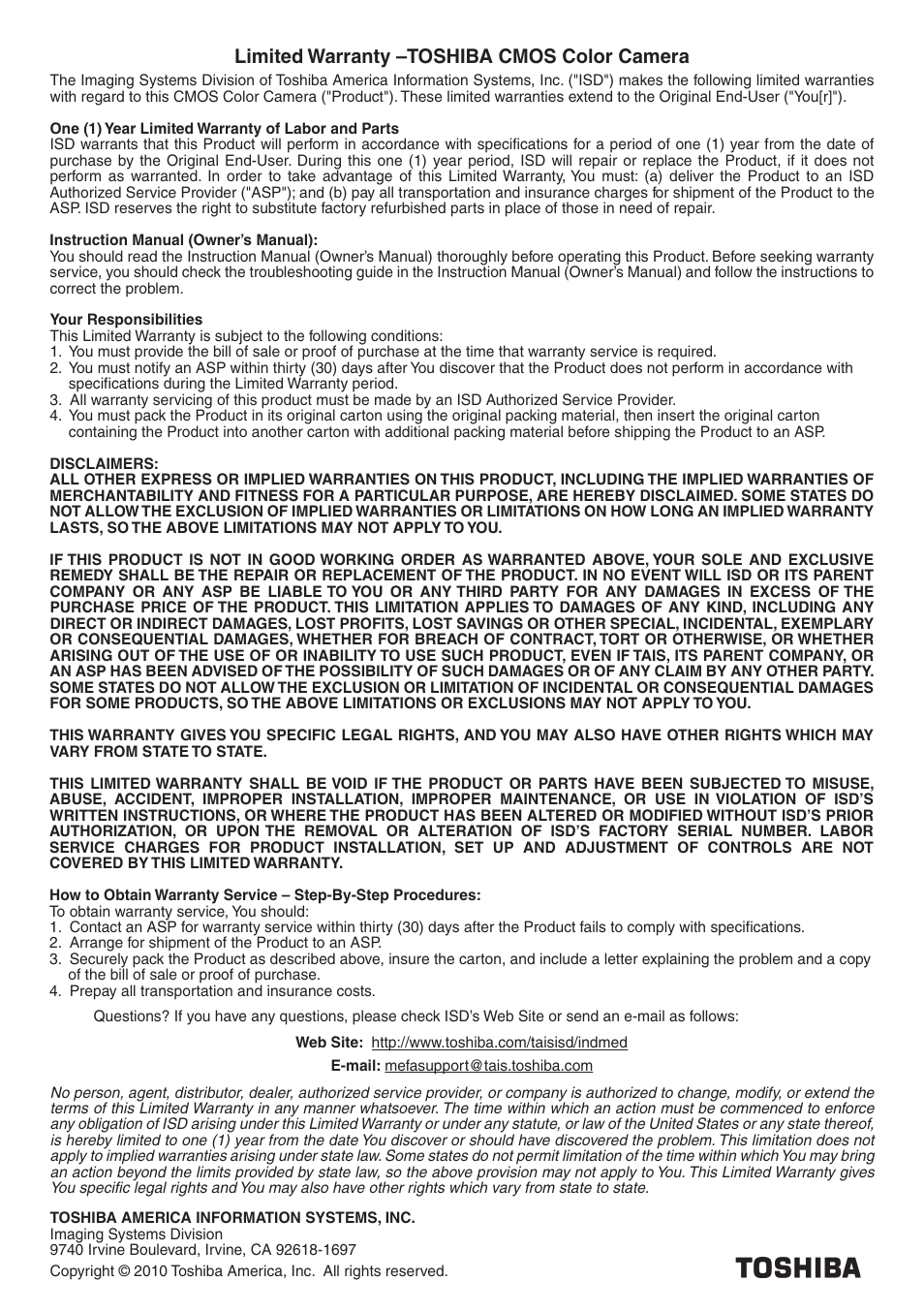 Limited warranty –toshiba cmos color camera | Toshiba IK-HR2D User Manual | Page 30 / 30