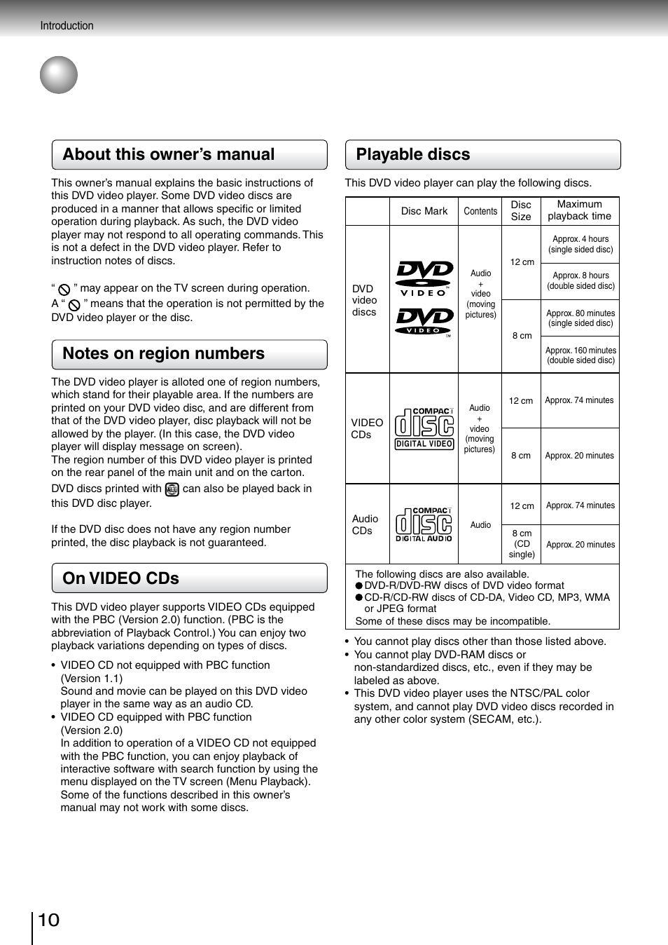 Playable discs, About this owner’s manual, On video cds | Toshiba SD-260SV User Manual | Page 10 / 61