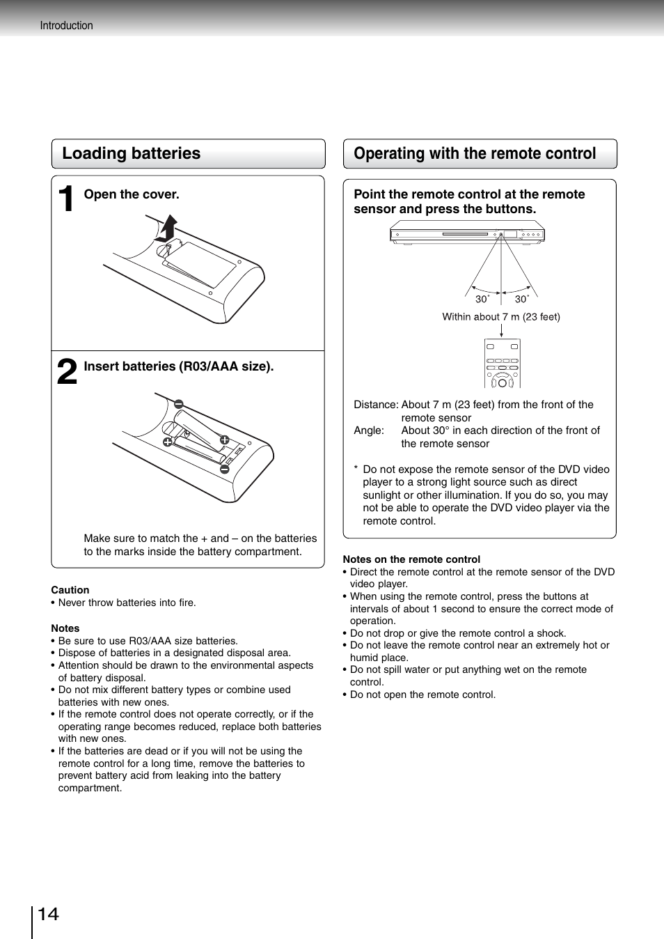 Operating with the remote control, Loading batteries | Toshiba SD-260SV User Manual | Page 14 / 61