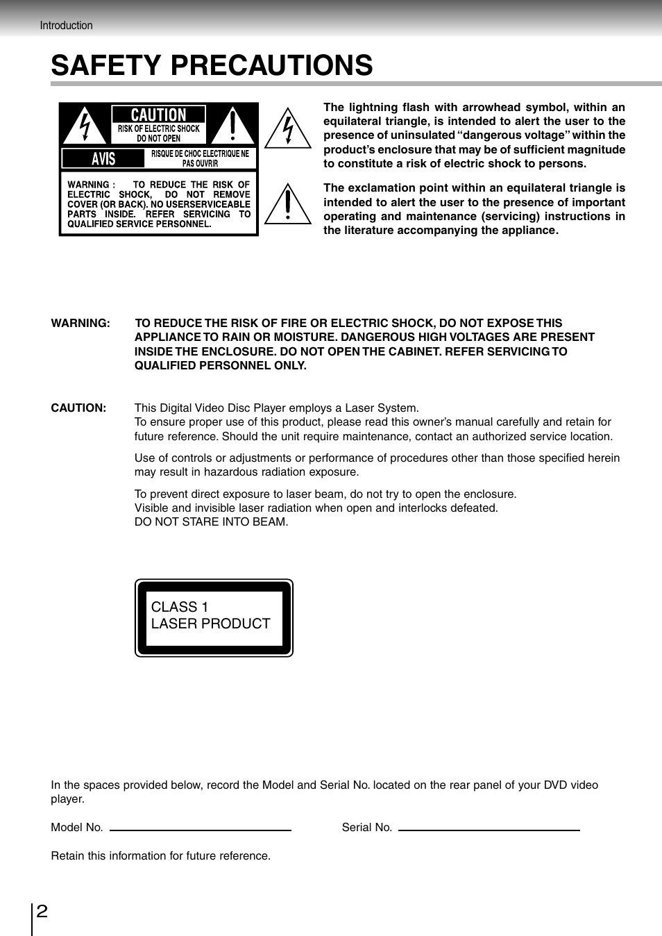 Safety precautions | Toshiba SD-260SV User Manual | Page 2 / 61