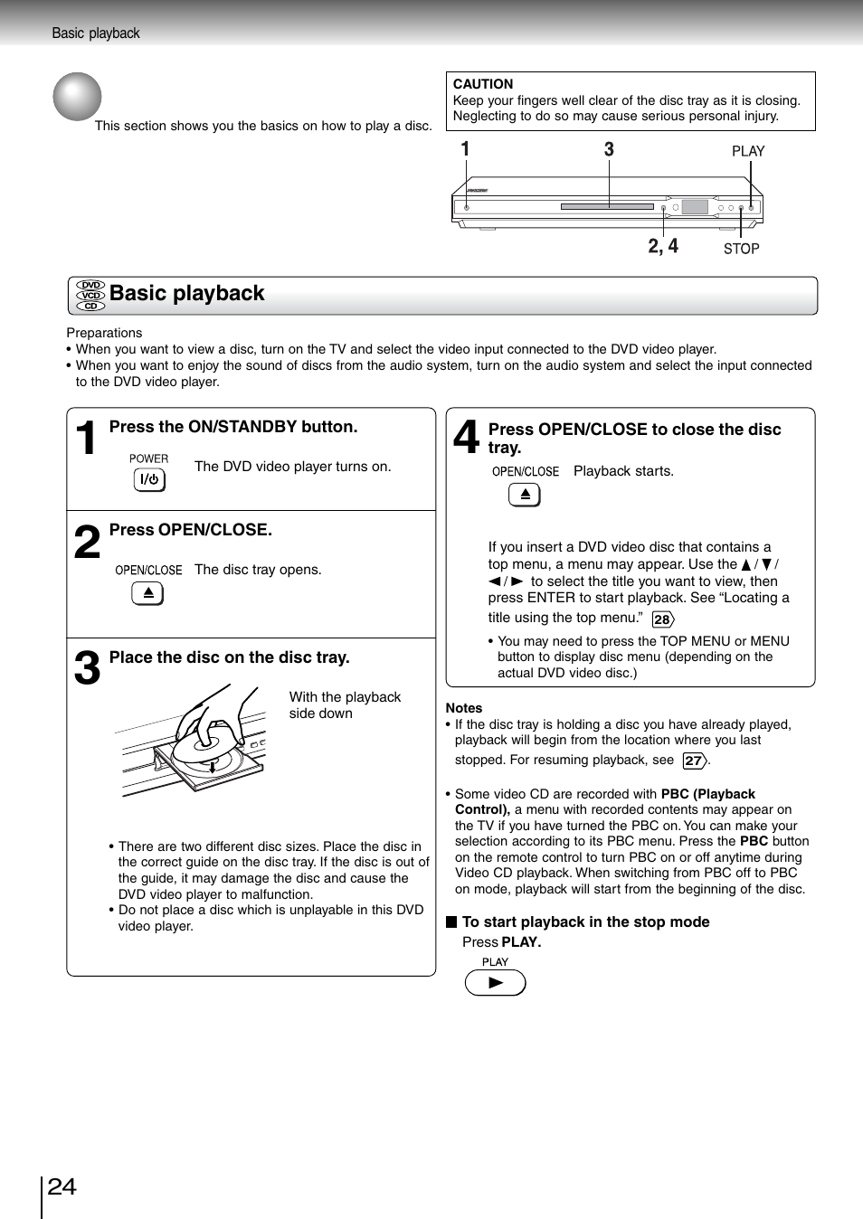 Playing a disc, Basic playback | Toshiba SD-260SV User Manual | Page 23 / 61