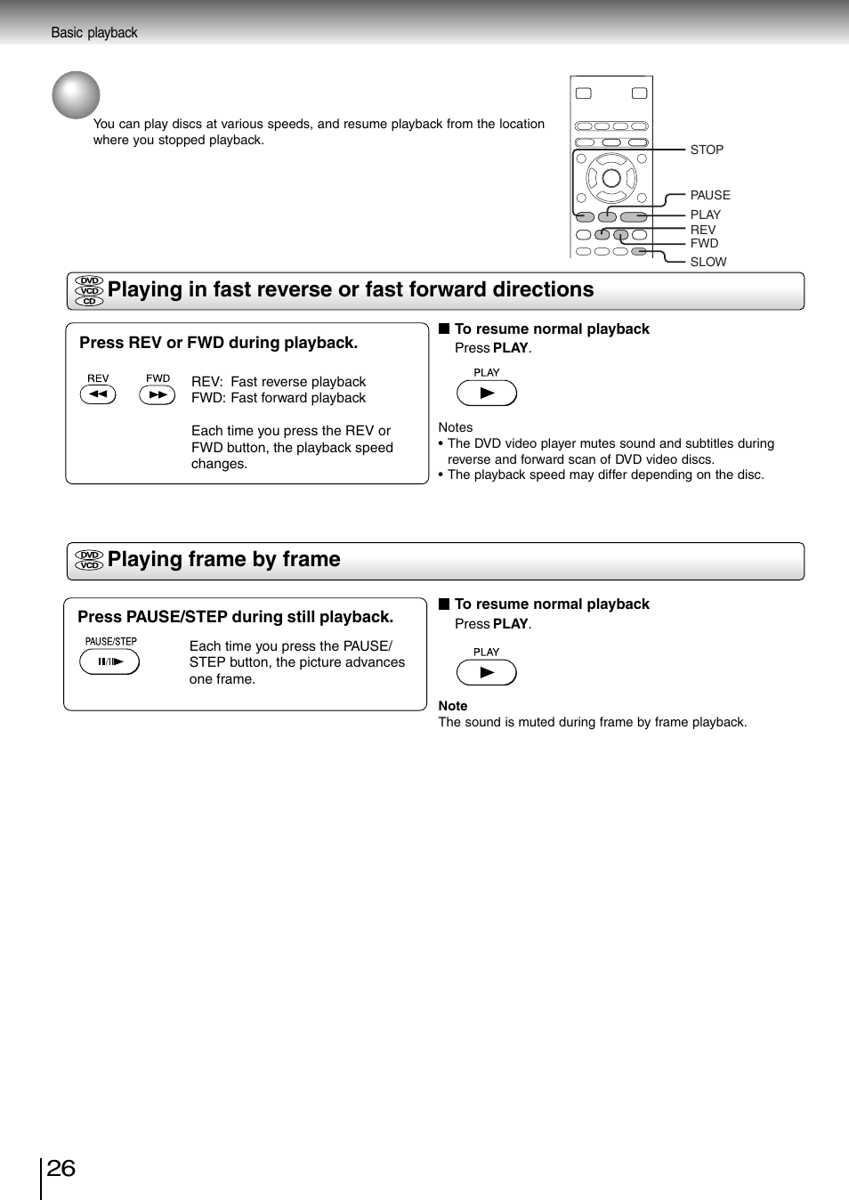 Variable speed playback, Playing in fast reverse or fast forward directions, Playing frame by frame | Toshiba SD-260SV User Manual | Page 25 / 61