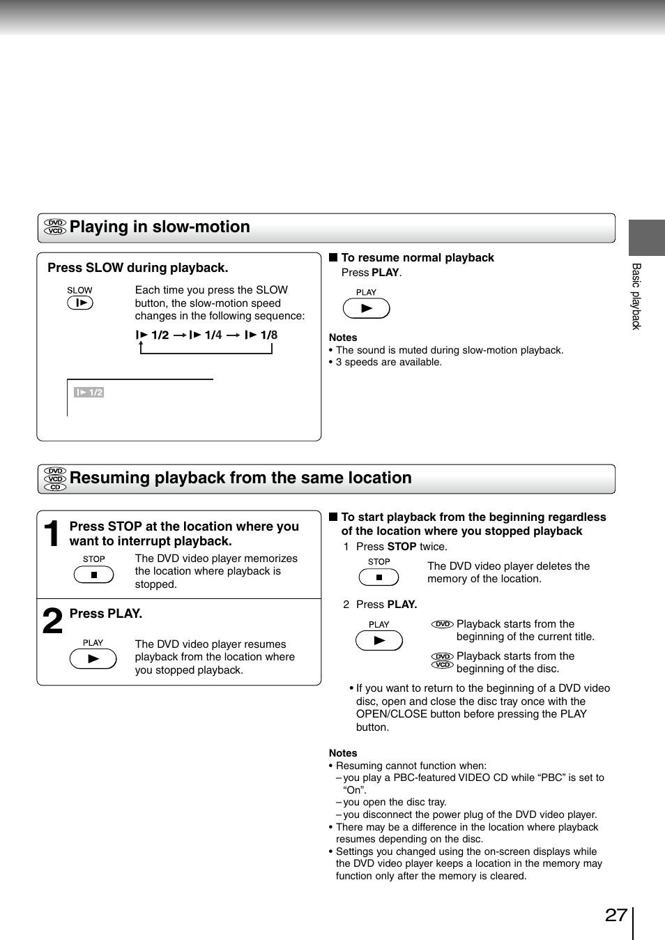 Playing in slow-motion, Resuming playback from the same location | Toshiba SD-260SV User Manual | Page 26 / 61