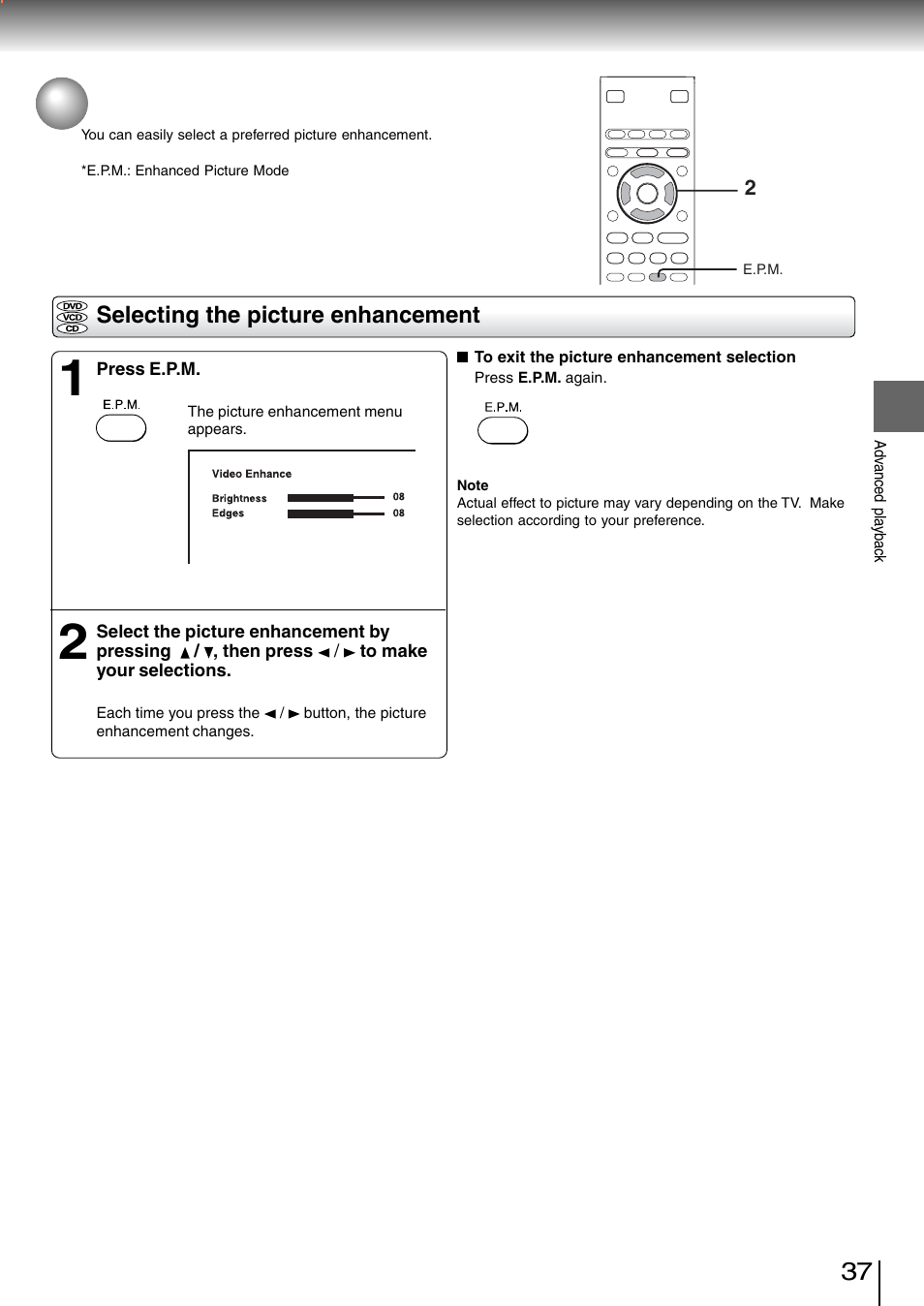 Selecting the picture enhancement (e.p.m.*) | Toshiba SD-260SV User Manual | Page 35 / 61