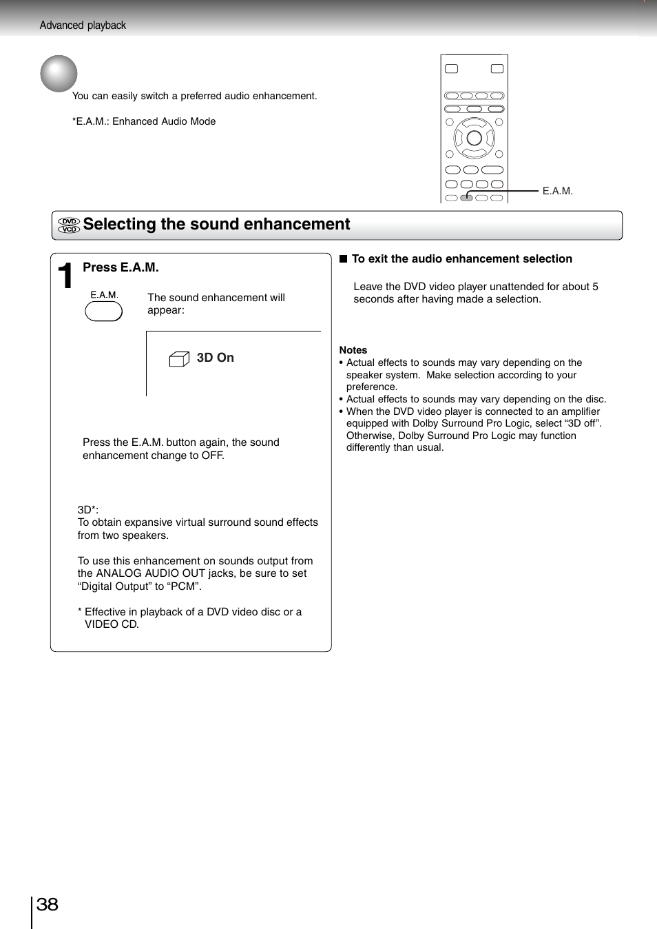 Selecting the sound enhancement (e.a.m.*), Selecting the sound enhancement | Toshiba SD-260SV User Manual | Page 36 / 61