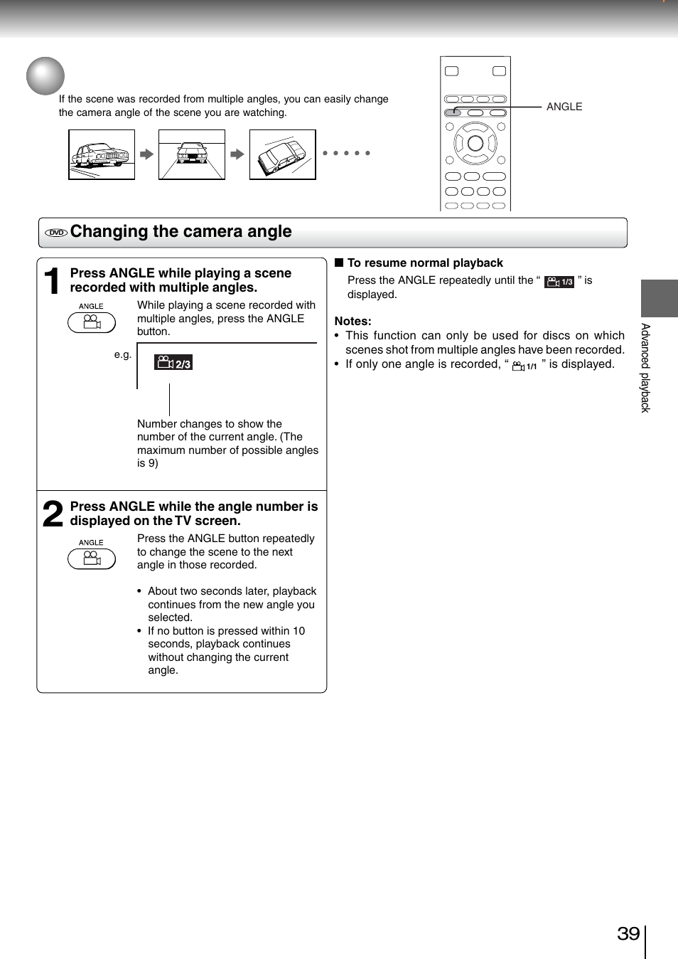 Selecting the camera angle, Changing the camera angle | Toshiba SD-260SV User Manual | Page 37 / 61