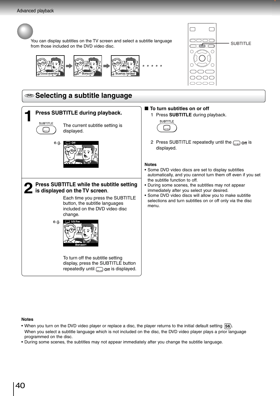 Selecting subtitles, Selecting a subtitle language | Toshiba SD-260SV User Manual | Page 38 / 61