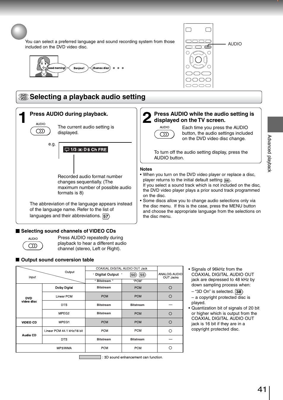 Selecting a language, Selecting a playback audio setting | Toshiba SD-260SV User Manual | Page 39 / 61