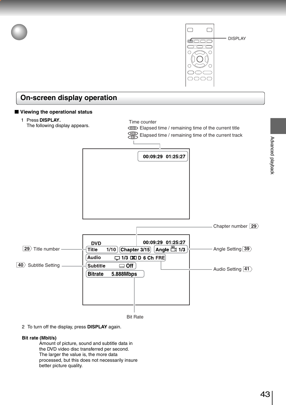 On-screen display operation (continued), On-screen display operation | Toshiba SD-260SV User Manual | Page 41 / 61