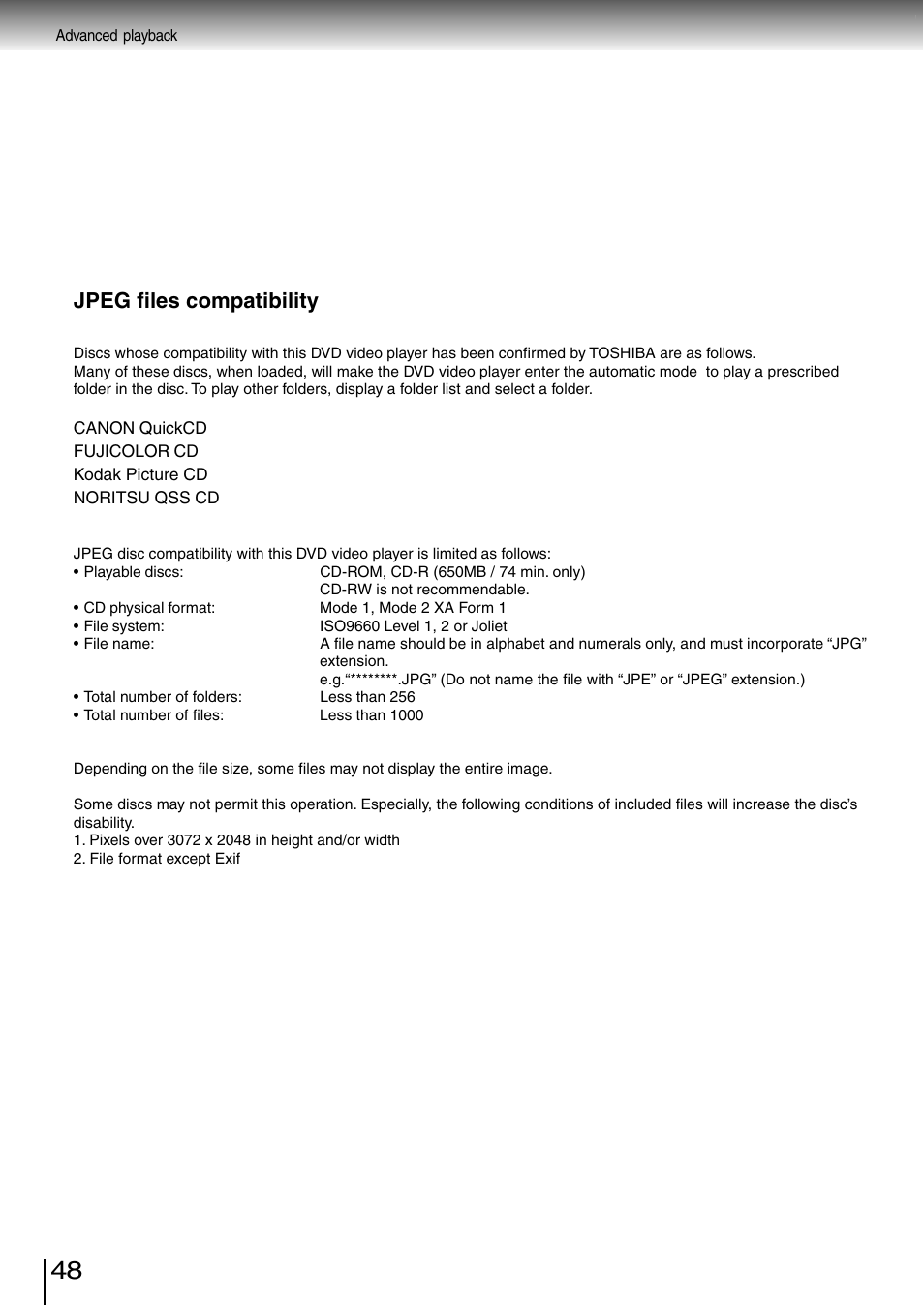 Jpeg files compatibility | Toshiba SD-260SV User Manual | Page 46 / 61