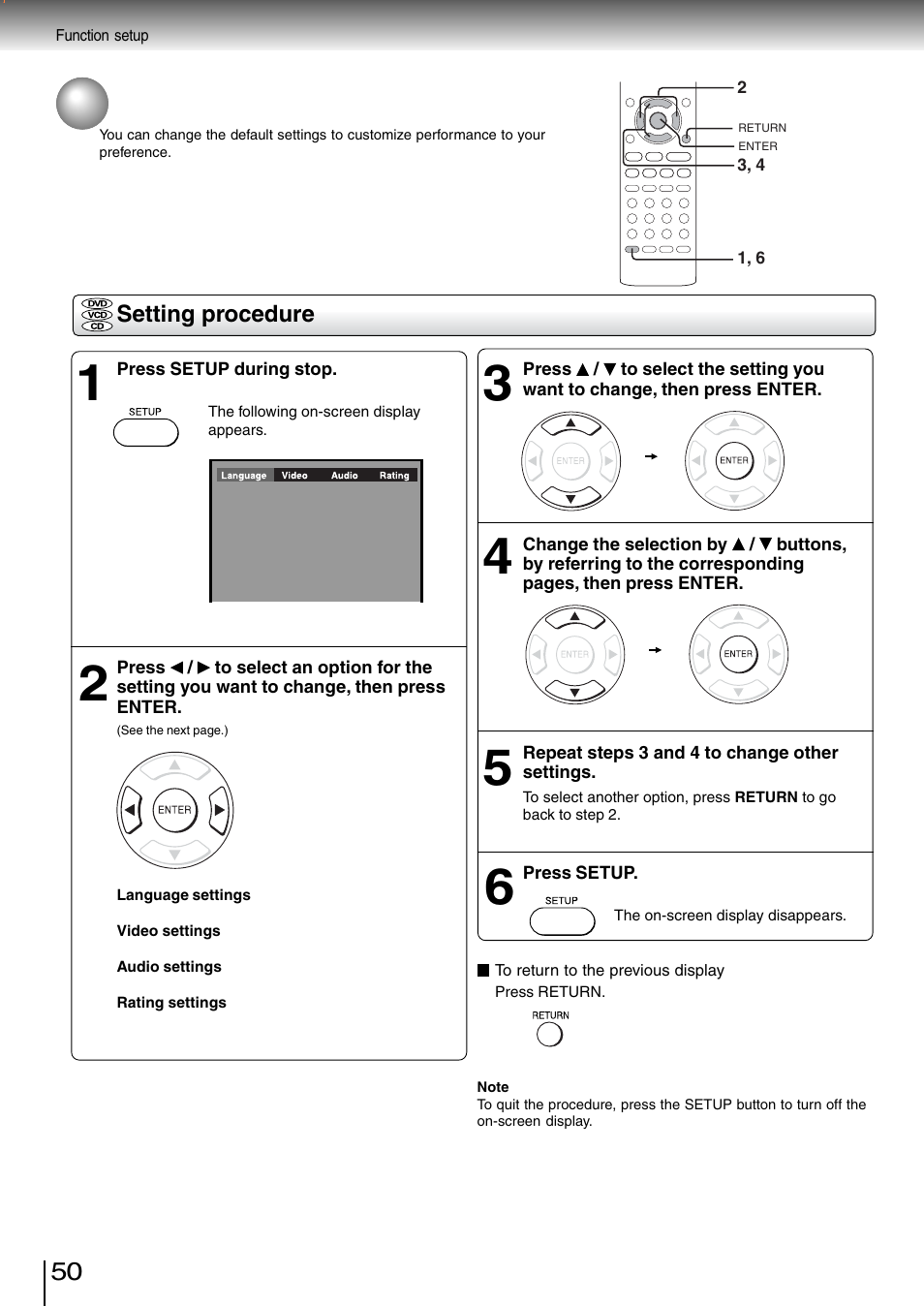 Customizing the function settings | Toshiba SD-260SV User Manual | Page 48 / 61