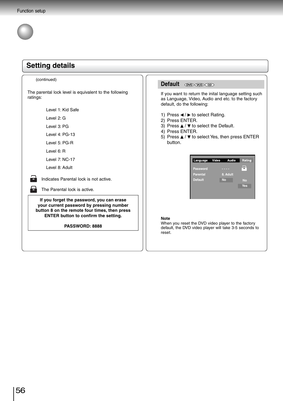 Customizing the function settings (continued), Setting details, Default | Toshiba SD-260SV User Manual | Page 54 / 61