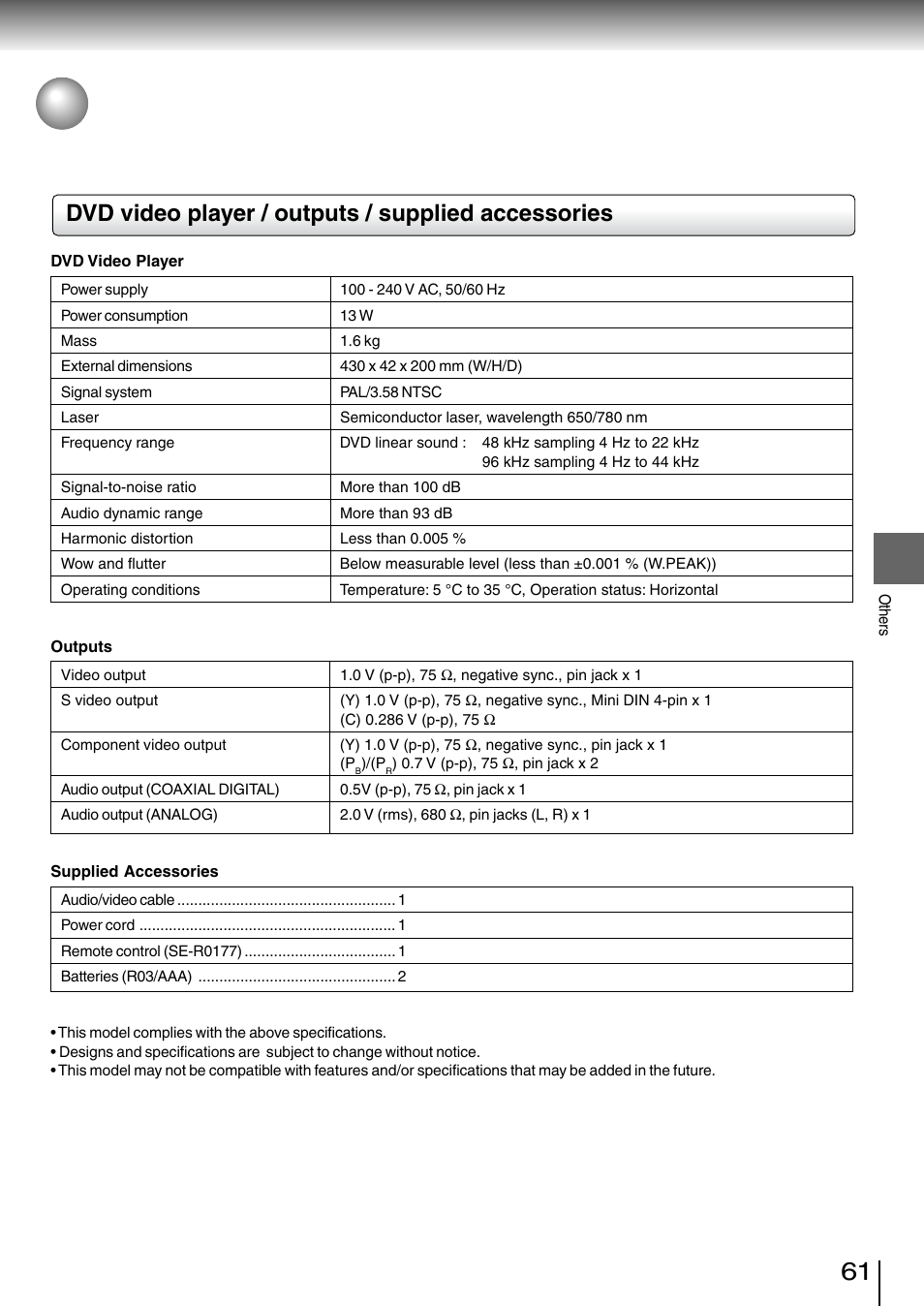 Specifications, Dvd video player / outputs / supplied accessories | Toshiba SD-260SV User Manual | Page 58 / 61