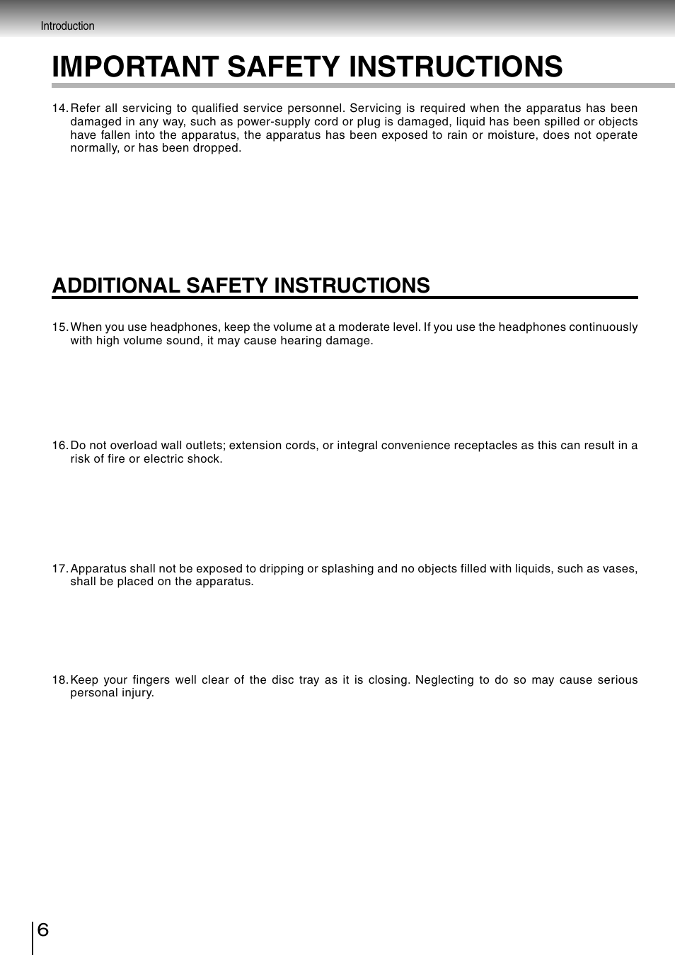 Important safety instructions, Additional safety instructions | Toshiba SD-260SV User Manual | Page 6 / 61