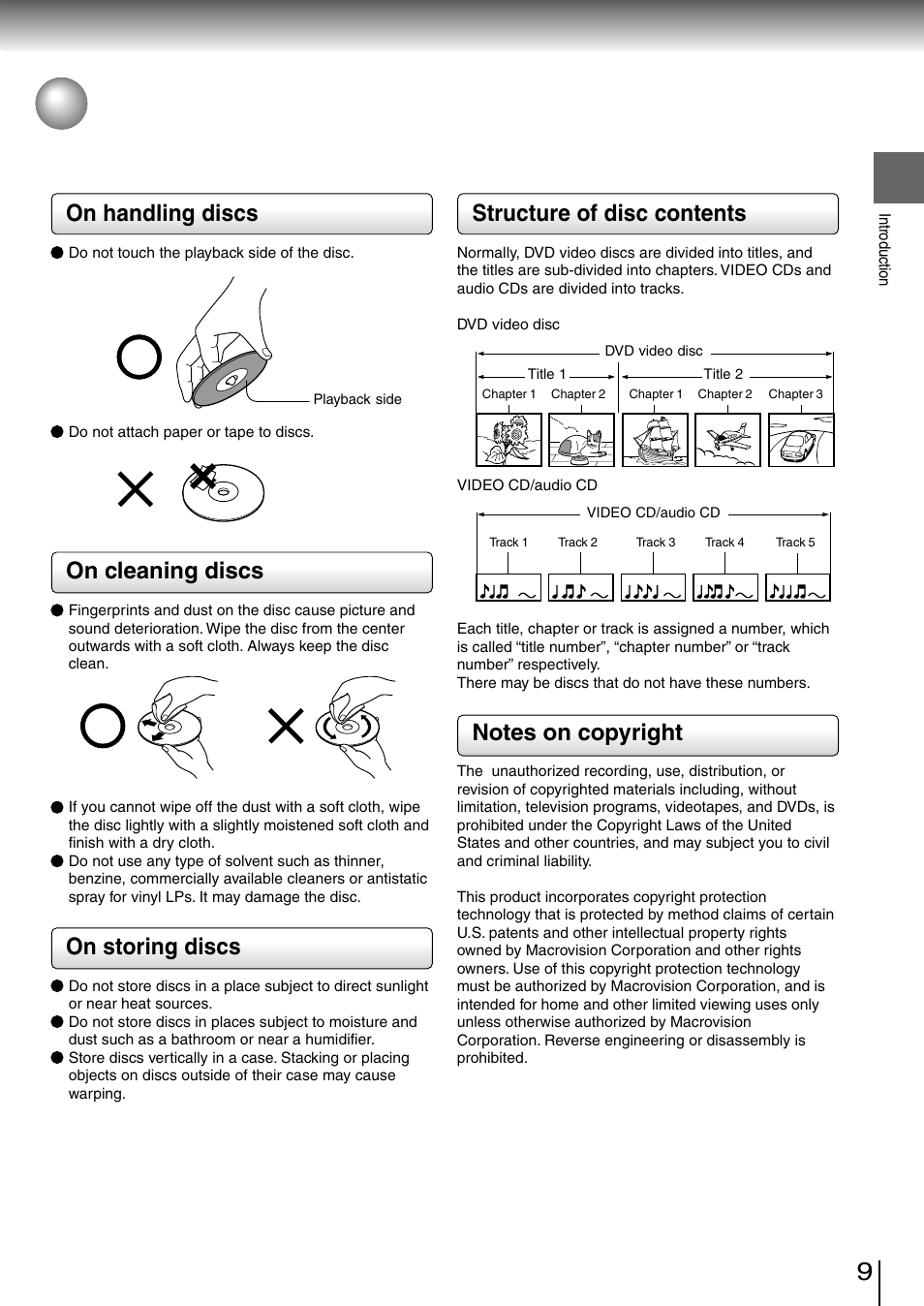 On handling discs, On cleaning discs, On storing discs | Structure of disc contents | Toshiba SD-260SV User Manual | Page 9 / 61