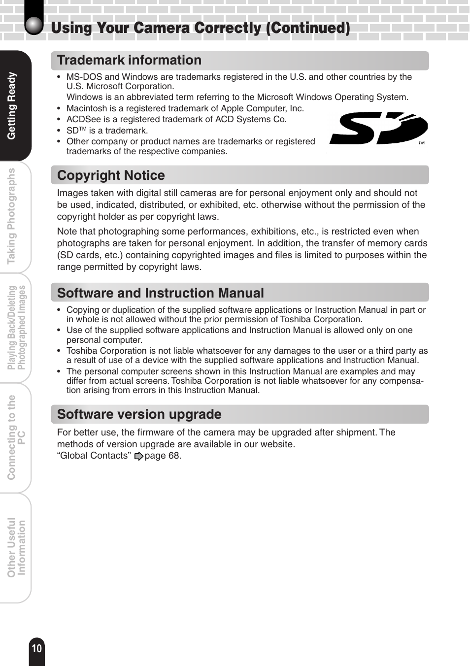 Using your camera correctly (continued), Trademark information, Copyright notice | Software and instruction manual, Software version upgrade | Toshiba PDR-T20 User Manual | Page 10 / 70