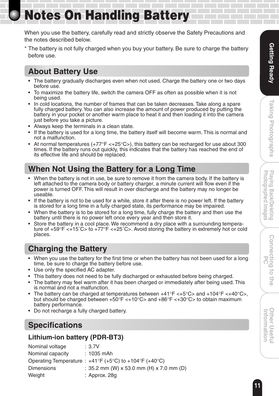 About battery use, When not using the battery for a long time, Charging the battery | Specifications | Toshiba PDR-T20 User Manual | Page 11 / 70