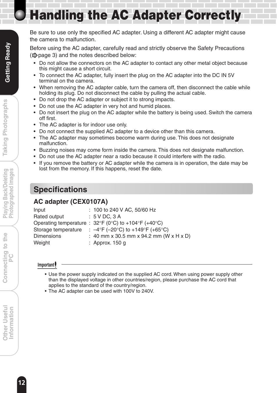 Handling the ac adapter correctly, Specifications | Toshiba PDR-T20 User Manual | Page 12 / 70