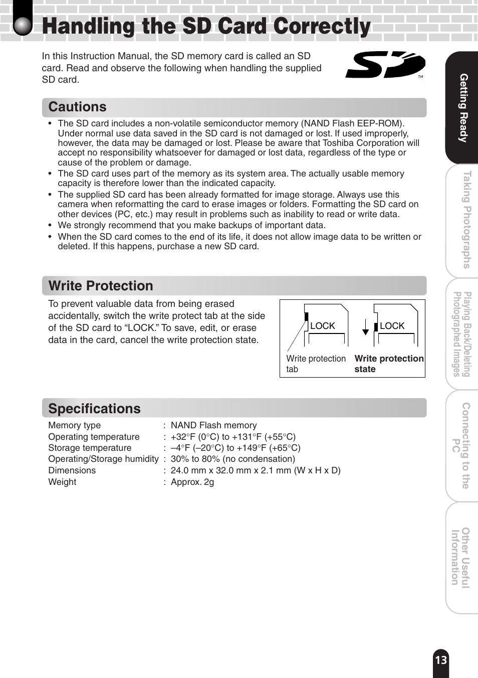 Handling the sd card correctly, Cautions, Write protection | Specifications | Toshiba PDR-T20 User Manual | Page 13 / 70