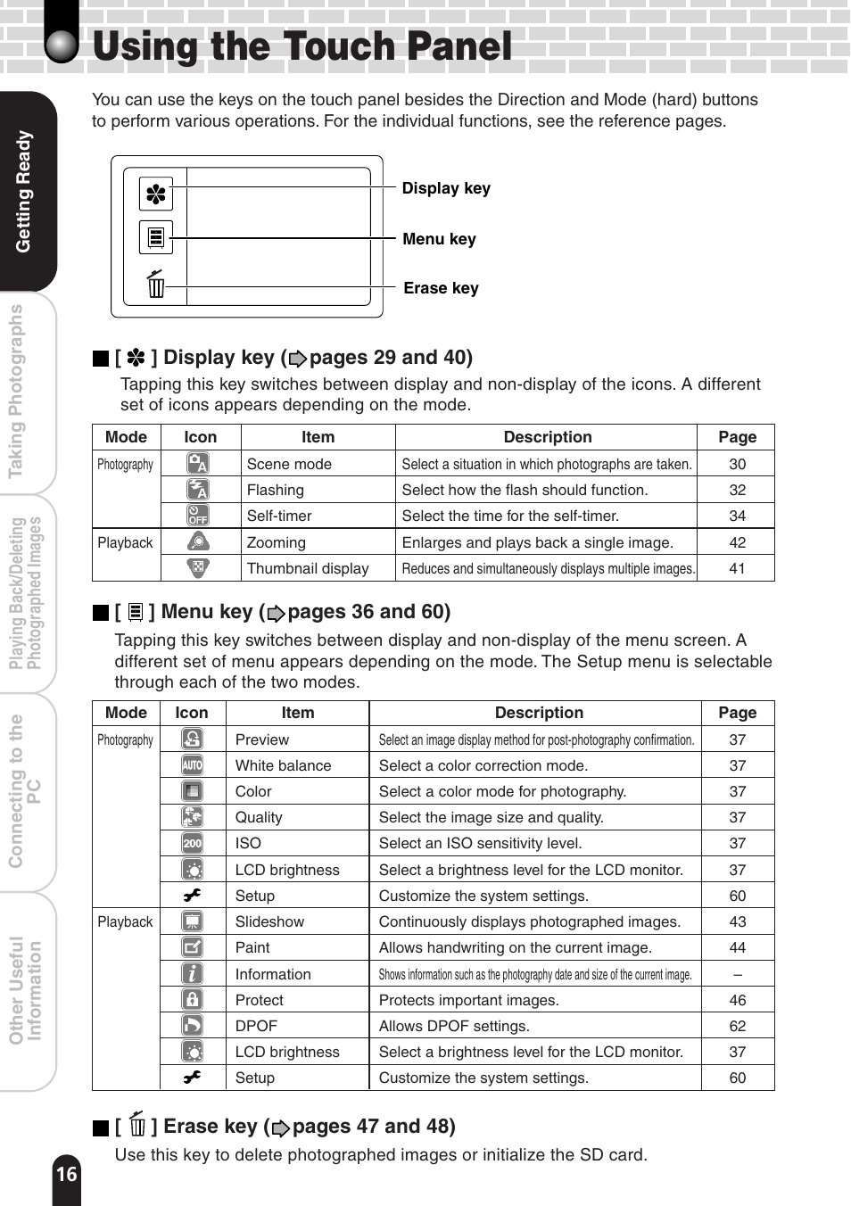 Using the touch panel, Display key ( pages 29 and 40), Menu key ( pages 36 and 60) | Erase key ( pages 47 and 48) | Toshiba PDR-T20 User Manual | Page 16 / 70