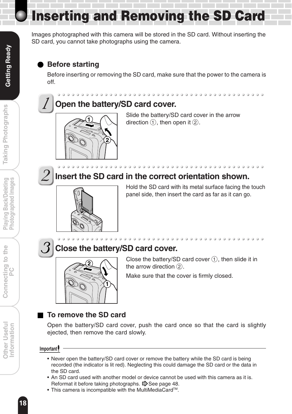 Inserting and removing the sd card, Open the battery/sd card cover, Close the battery/sd card cover | Toshiba PDR-T20 User Manual | Page 18 / 70