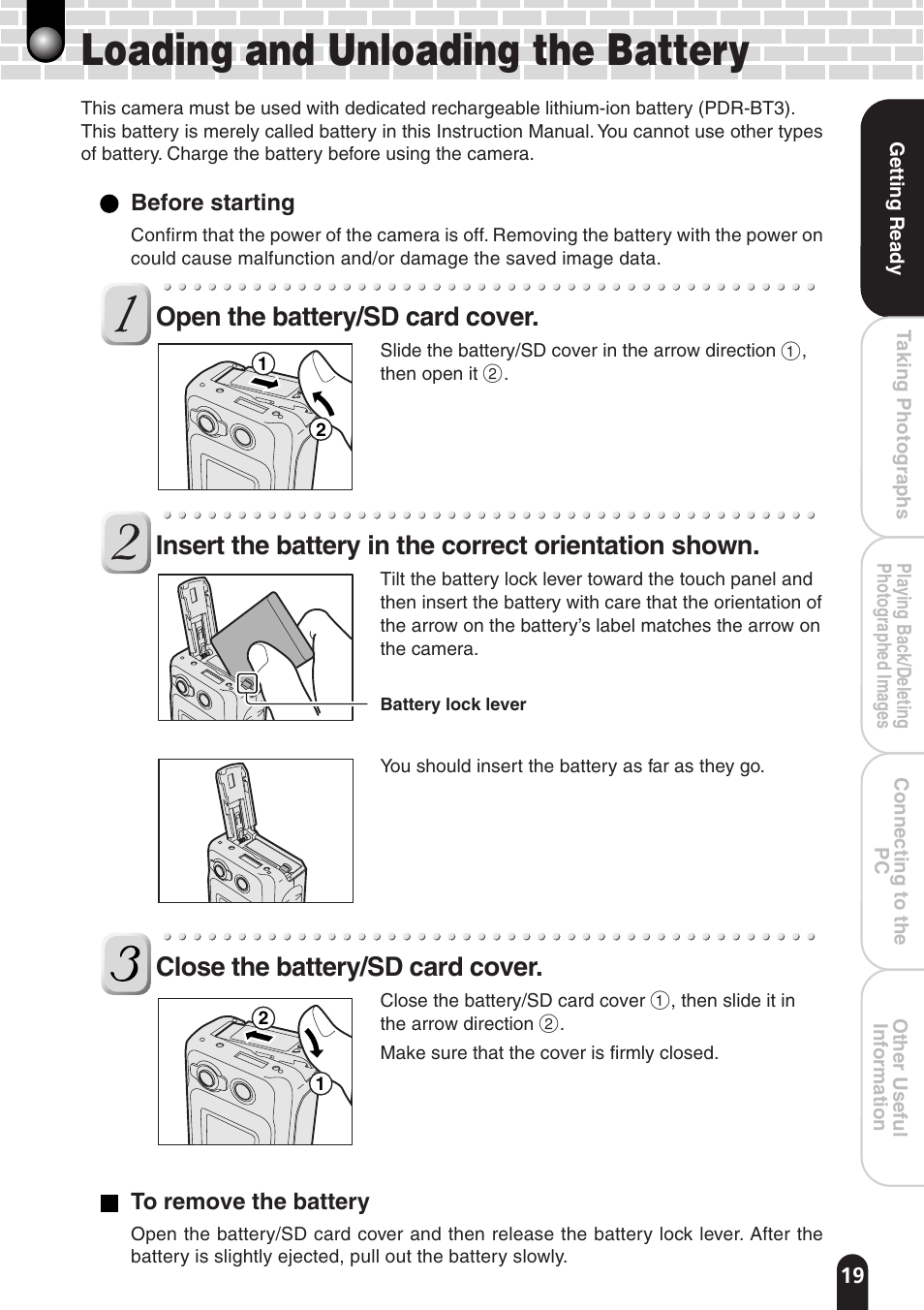 Loading and unloading the battery, Open the battery/sd card cover, Close the battery/sd card cover | Toshiba PDR-T20 User Manual | Page 19 / 70