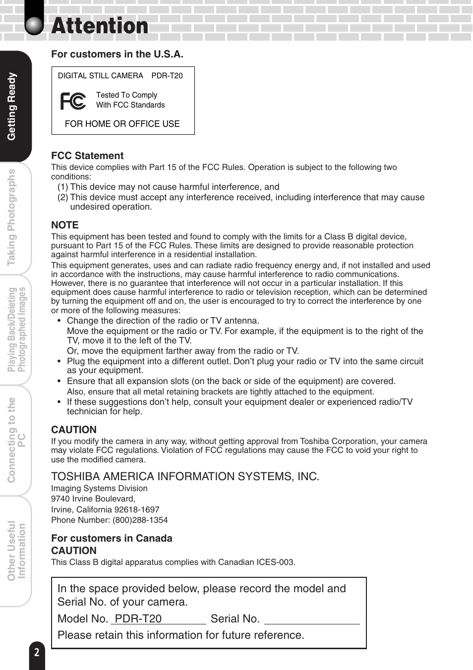 Attention | Toshiba PDR-T20 User Manual | Page 2 / 70