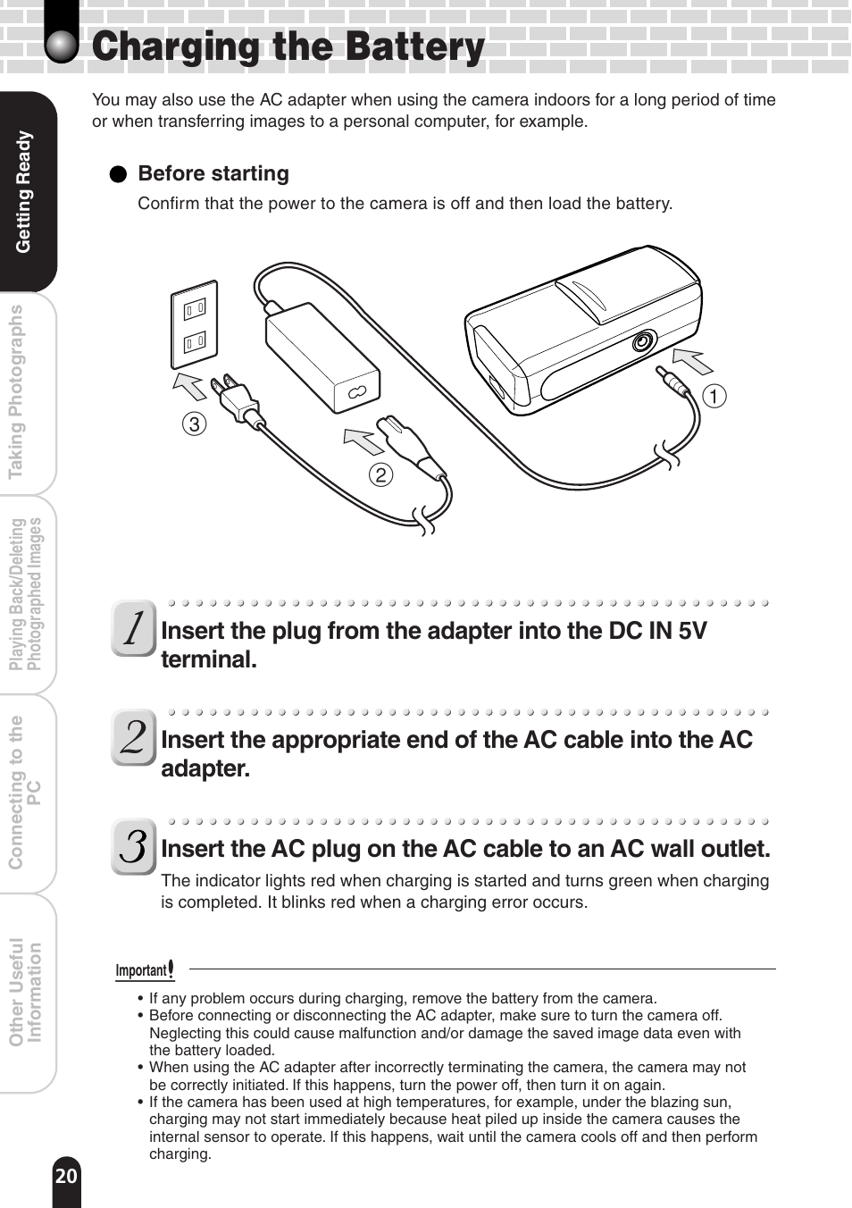 Charging the battery | Toshiba PDR-T20 User Manual | Page 20 / 70