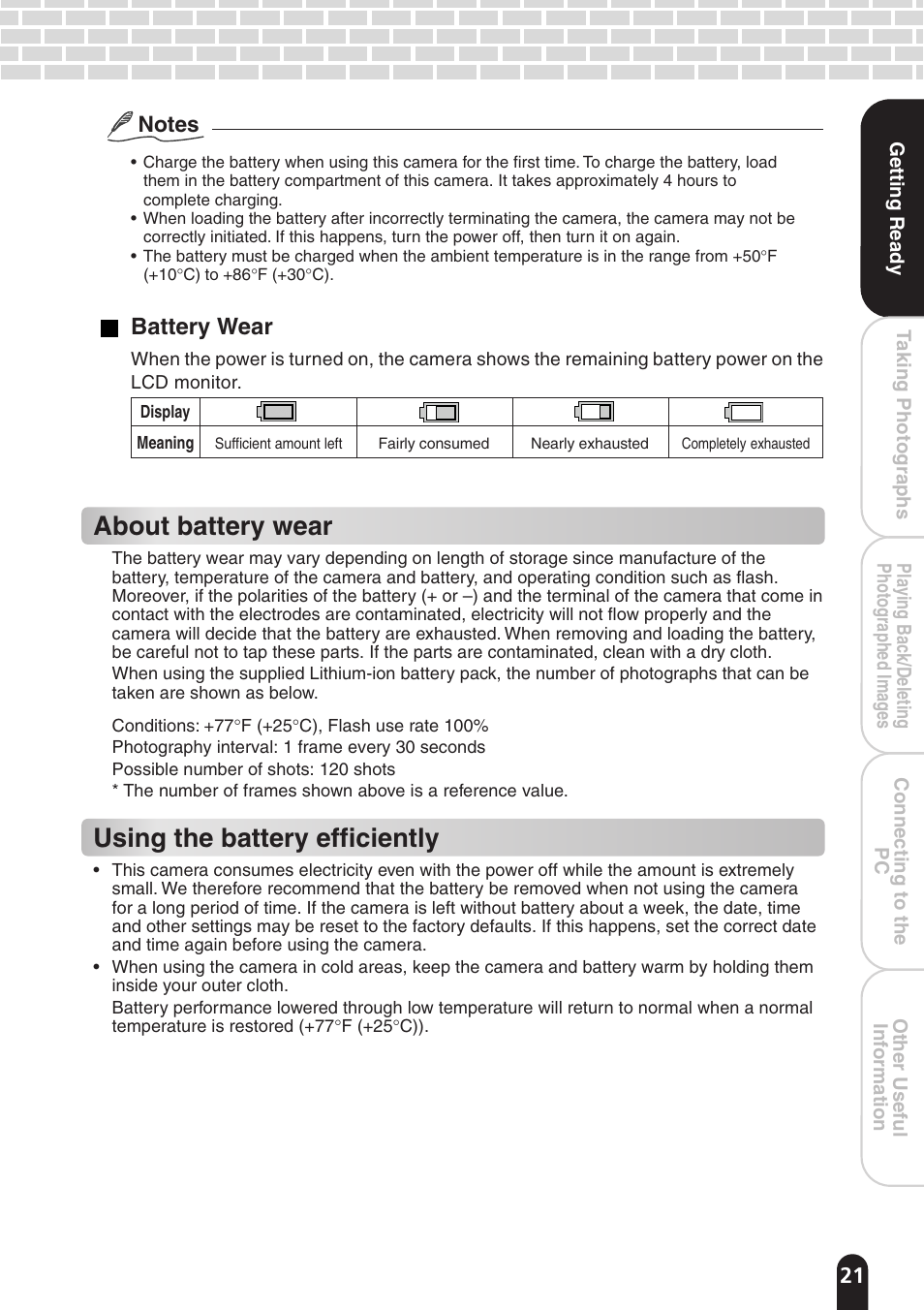 About battery wear, Using the battery efficiently, Battery wear | Toshiba PDR-T20 User Manual | Page 21 / 70