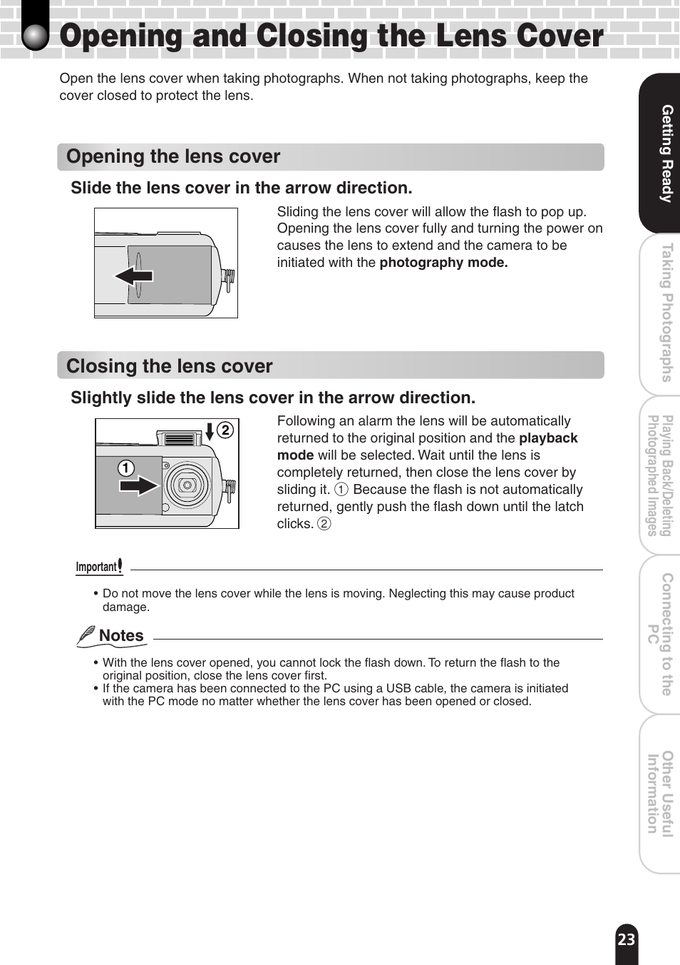 Opening and closing the lens cover, Opening the lens cover, Closing the lens cover | Toshiba PDR-T20 User Manual | Page 23 / 70