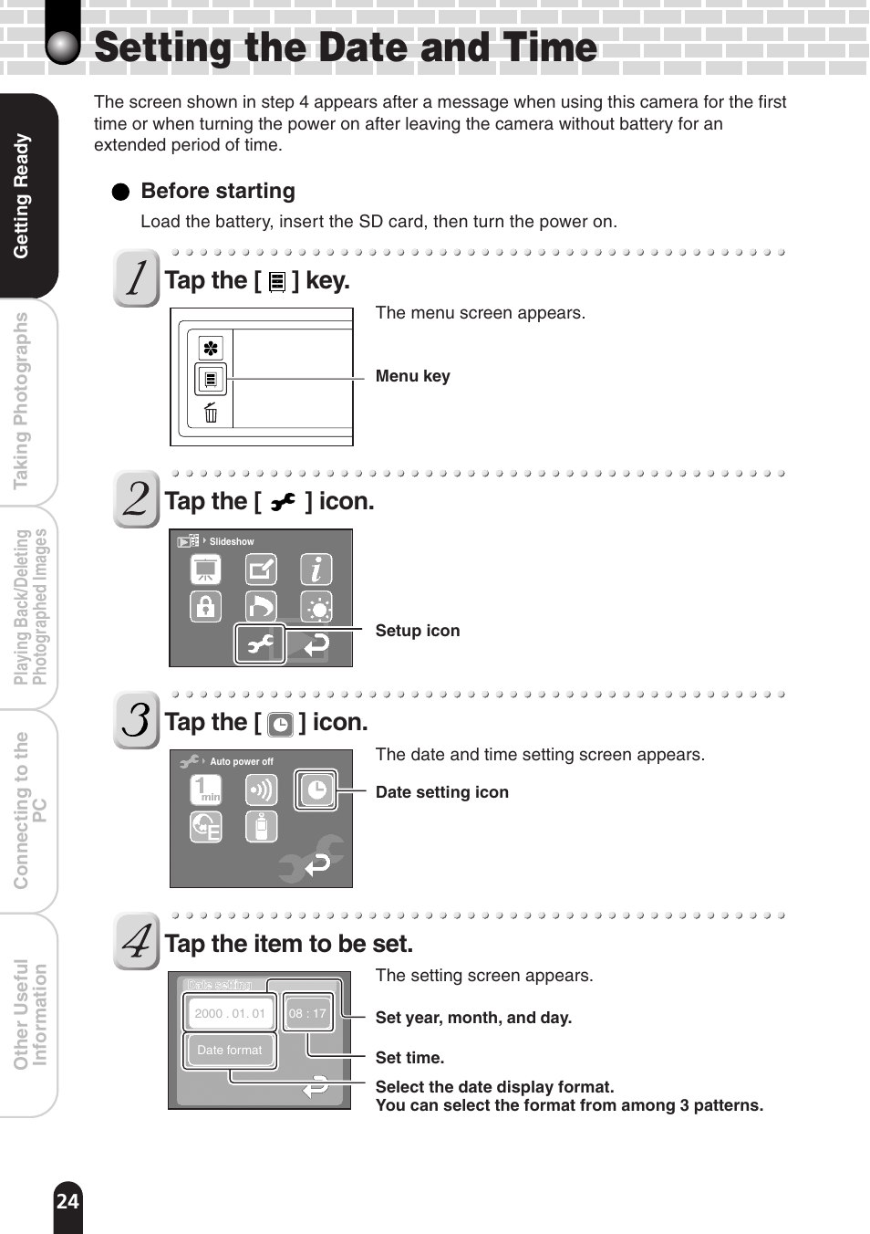 Setting the date and time, Tap the [ ] key, Tap the [ ] icon. tap the [ ] icon | Tap the item to be set | Toshiba PDR-T20 User Manual | Page 24 / 70