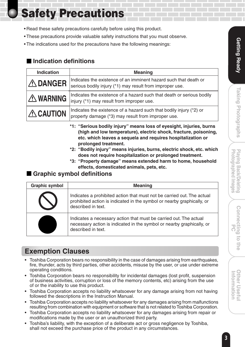 Safety precautions, Danger caution, Exemption clauses | Toshiba PDR-T20 User Manual | Page 3 / 70