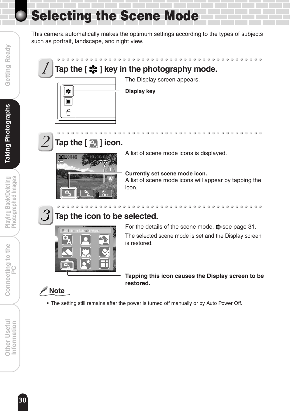 Selecting the scene mode, Tap the [ ] key in the photography mode, Tap the [ ] icon | Tap the icon to be selected | Toshiba PDR-T20 User Manual | Page 30 / 70