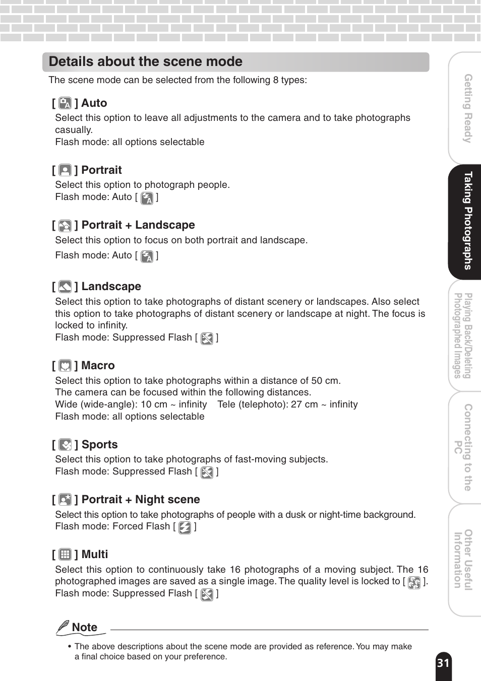 Details about the scene mode | Toshiba PDR-T20 User Manual | Page 31 / 70