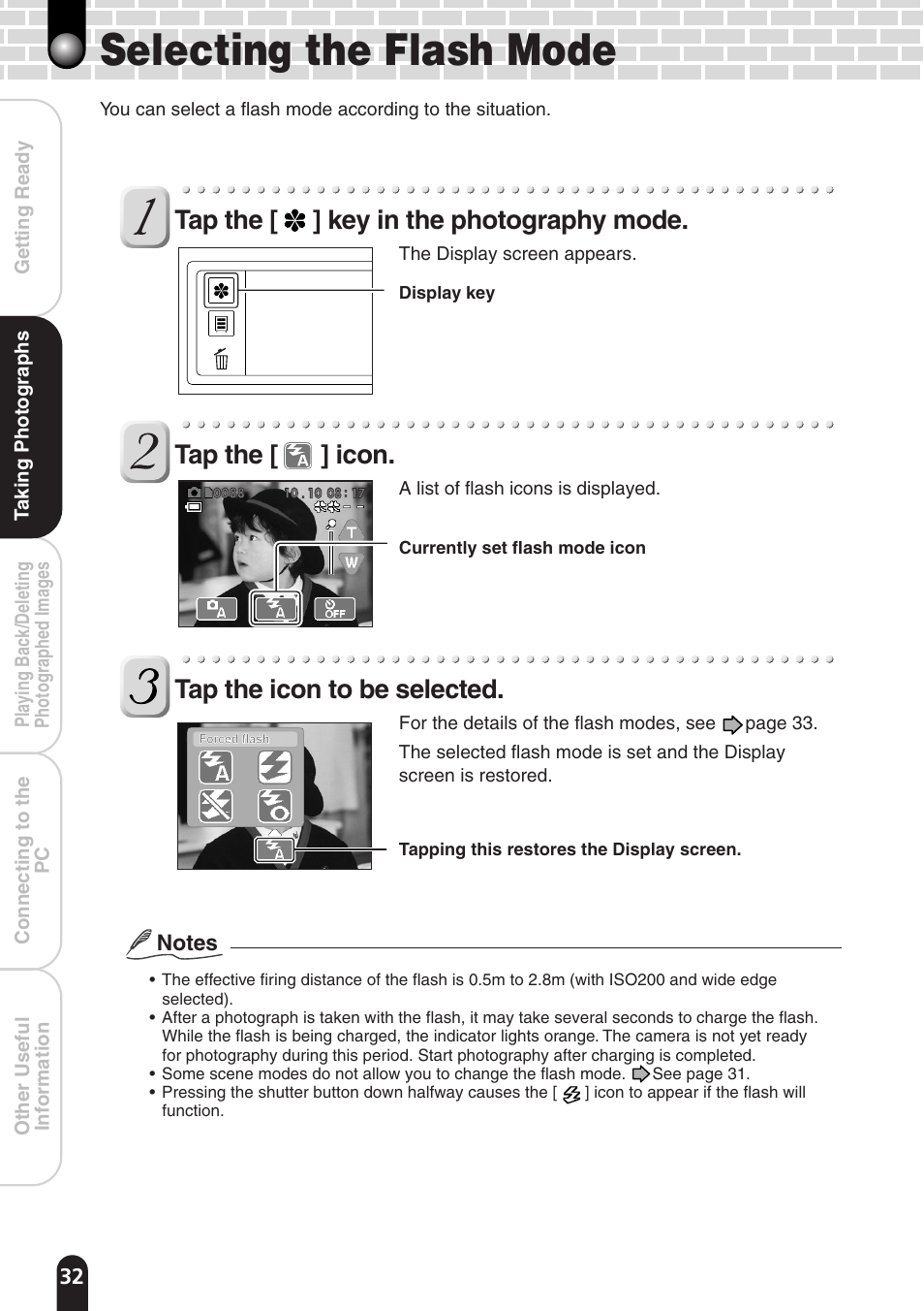 Selecting the flash mode, Tap the [ ] key in the photography mode, Tap the [ ] icon | Tap the icon to be selected | Toshiba PDR-T20 User Manual | Page 32 / 70