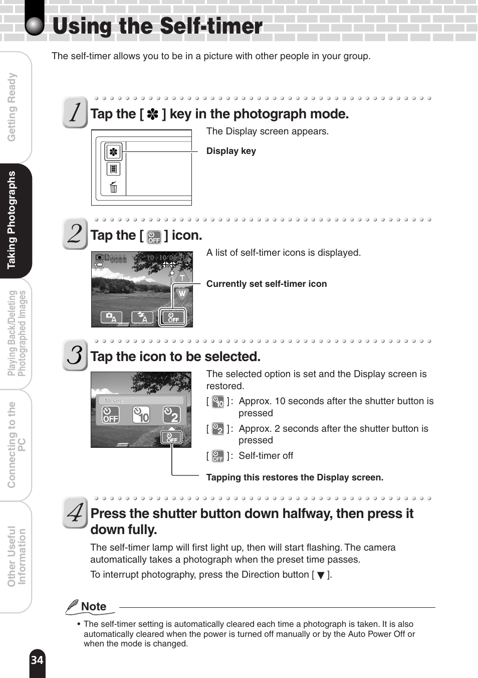 Using the self-timer, Tap the [ ] key in the photograph mode, Tap the [ ] icon | Tap the icon to be selected | Toshiba PDR-T20 User Manual | Page 34 / 70