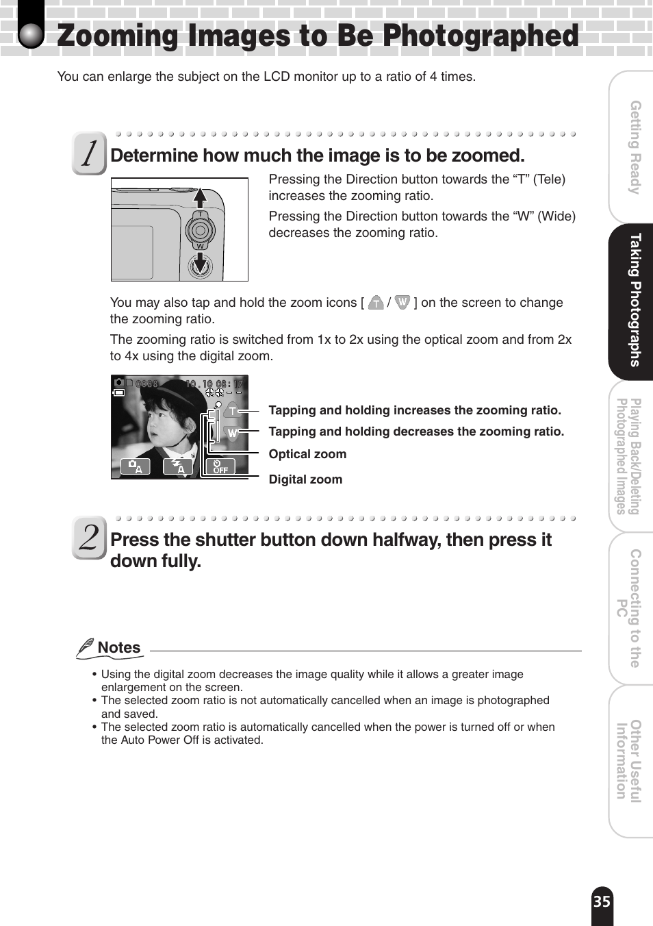 Zooming images to be photographed, Determine how much the image is to be zoomed | Toshiba PDR-T20 User Manual | Page 35 / 70