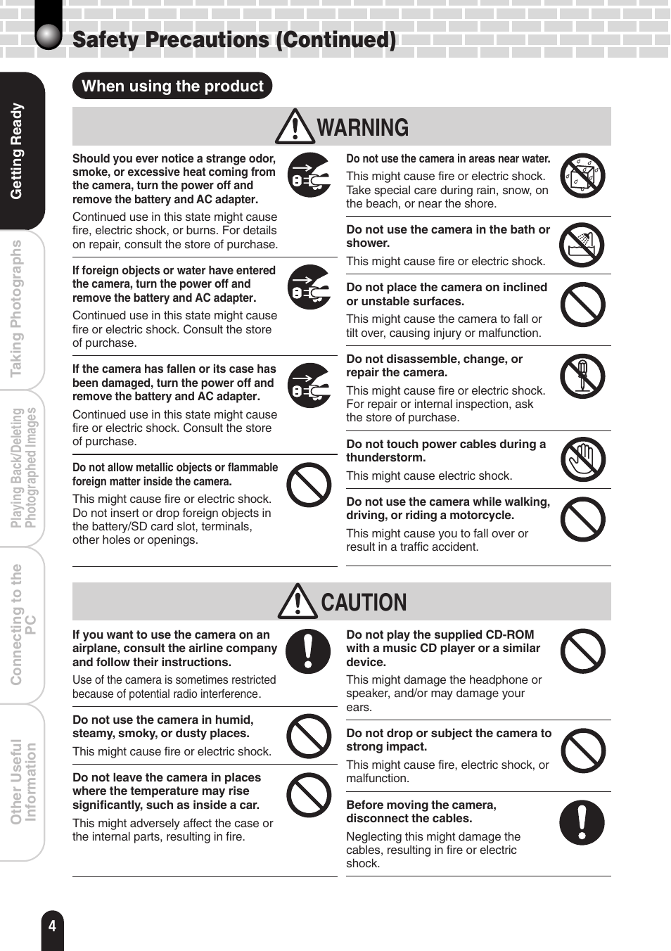 Warning, Caution, Safety precautions (continued) | Toshiba PDR-T20 User Manual | Page 4 / 70