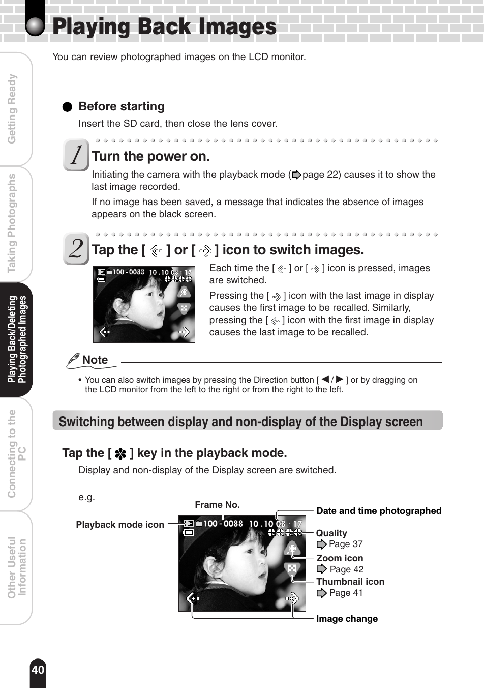 Playing back images, Turn the power on, Tap the [ ] or [ ] icon to switch images | Toshiba PDR-T20 User Manual | Page 40 / 70