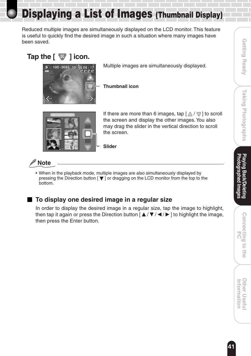 Displaying a list of images, Thumbnail display), Tap the [ ] icon | Toshiba PDR-T20 User Manual | Page 41 / 70