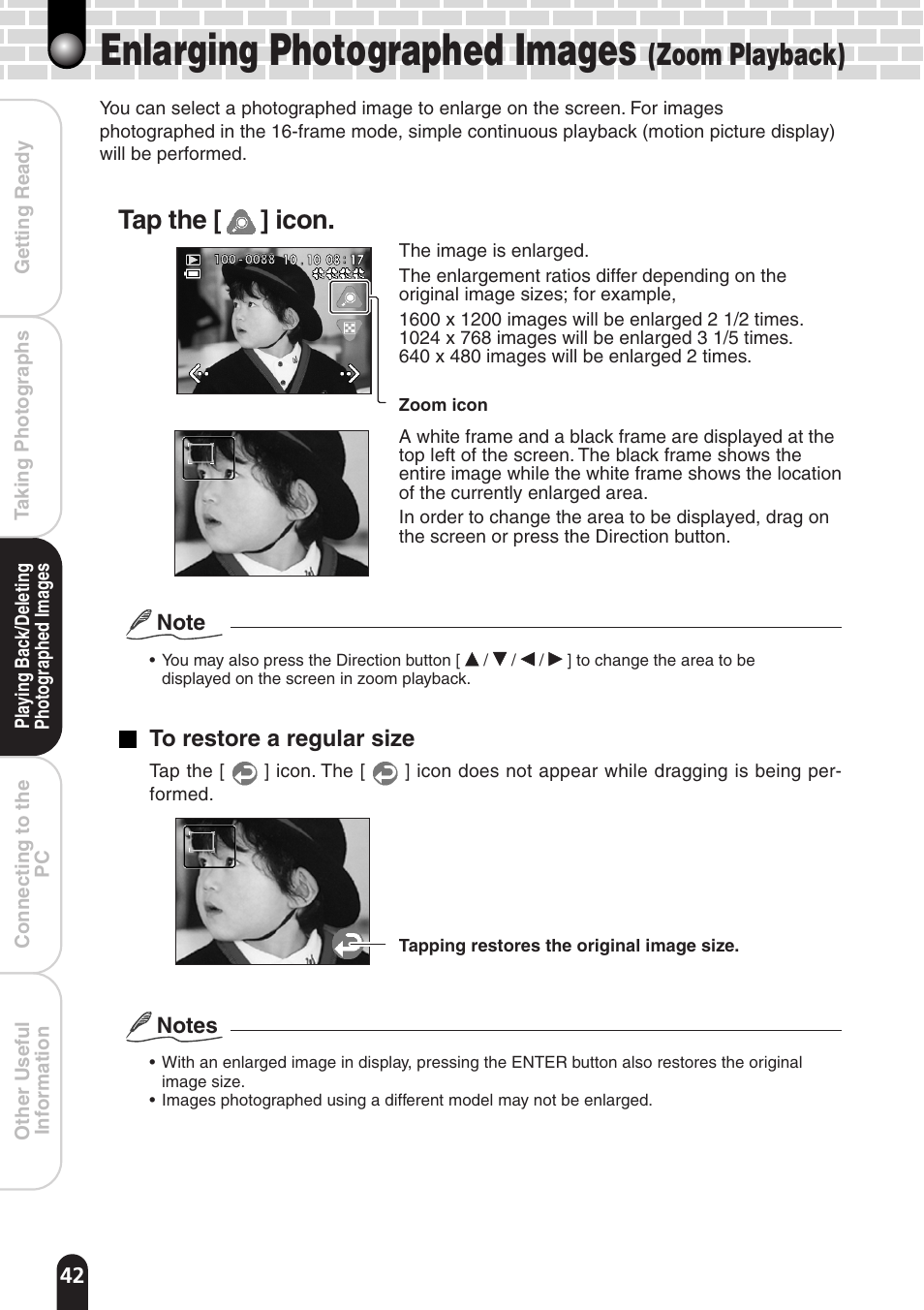 Enlarging photographed images, Zoom playback), Tap the [ ] icon | Toshiba PDR-T20 User Manual | Page 42 / 70