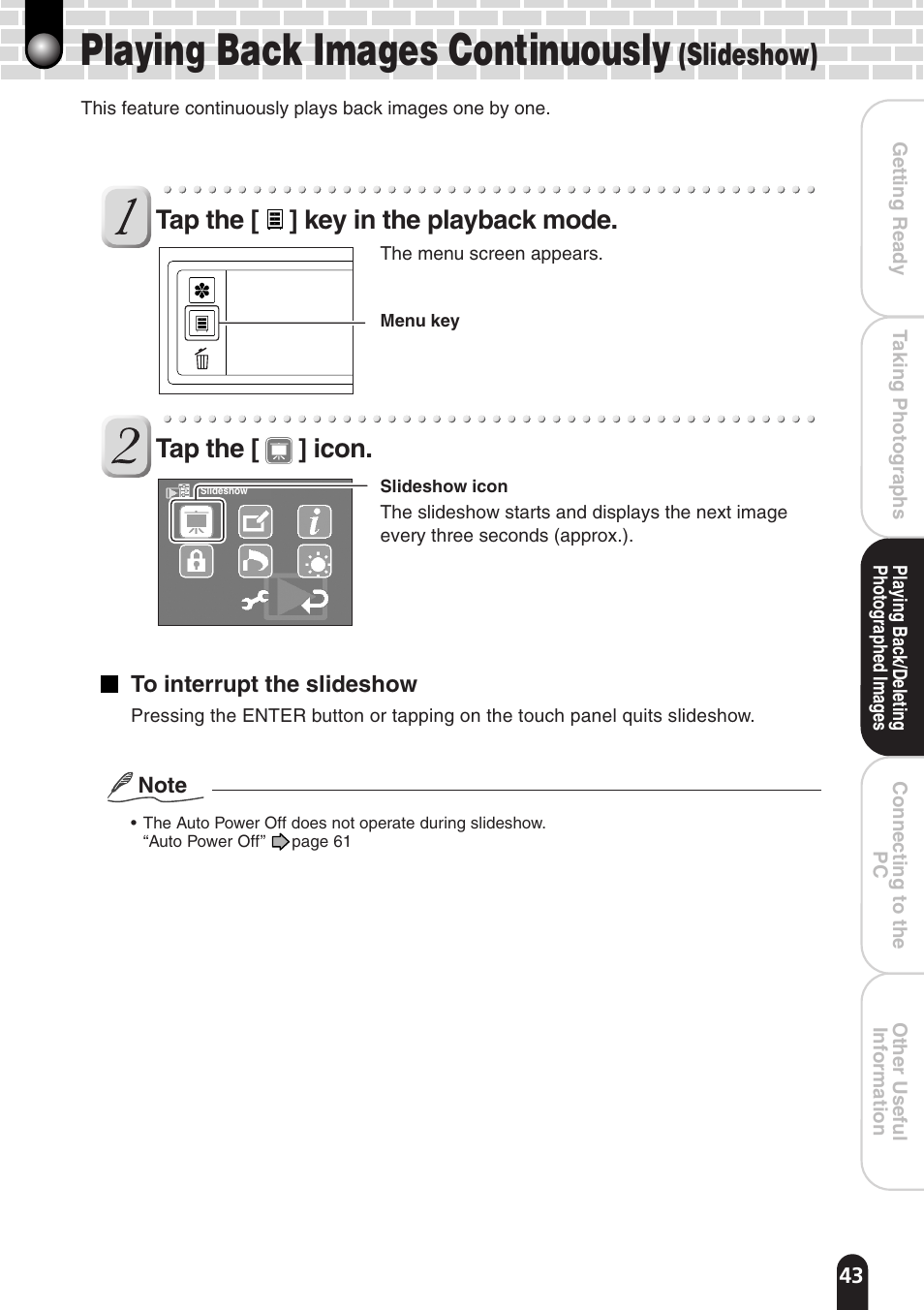 Playing back images continuously, Slideshow), Tap the [ ] key in the playback mode | Tap the [ ] icon | Toshiba PDR-T20 User Manual | Page 43 / 70