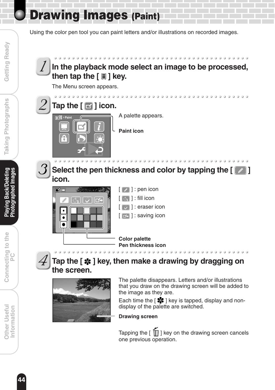 Drawing images, Paint), Tap the [ ] icon | Toshiba PDR-T20 User Manual | Page 44 / 70