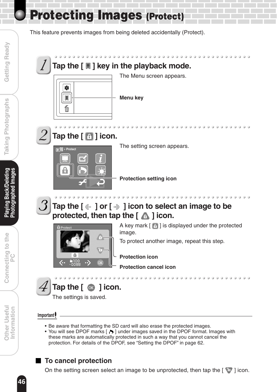 Protecting images, Protect), Tap the [ ] key in the playback mode | Tap the [ ] icon | Toshiba PDR-T20 User Manual | Page 46 / 70