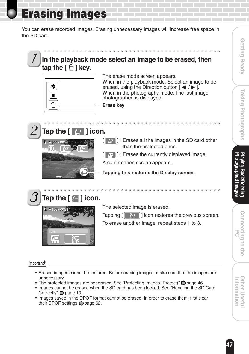 Erasing images, Tap the [ ] icon | Toshiba PDR-T20 User Manual | Page 47 / 70