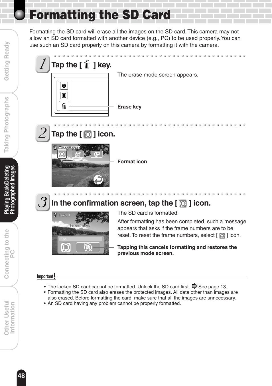 Formatting the sd card, Tap the [ ] key | Toshiba PDR-T20 User Manual | Page 48 / 70