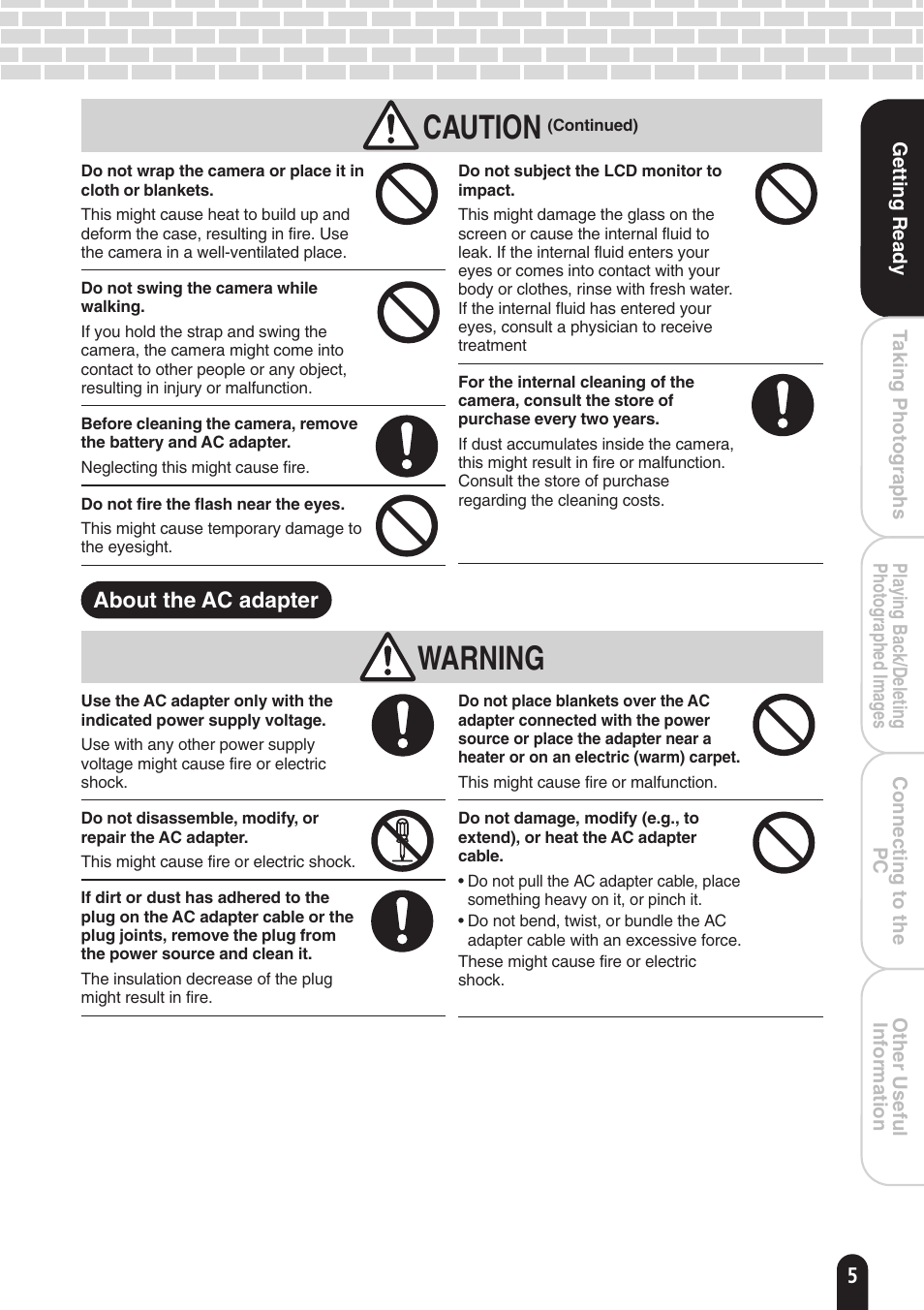 Caution, Warning | Toshiba PDR-T20 User Manual | Page 5 / 70