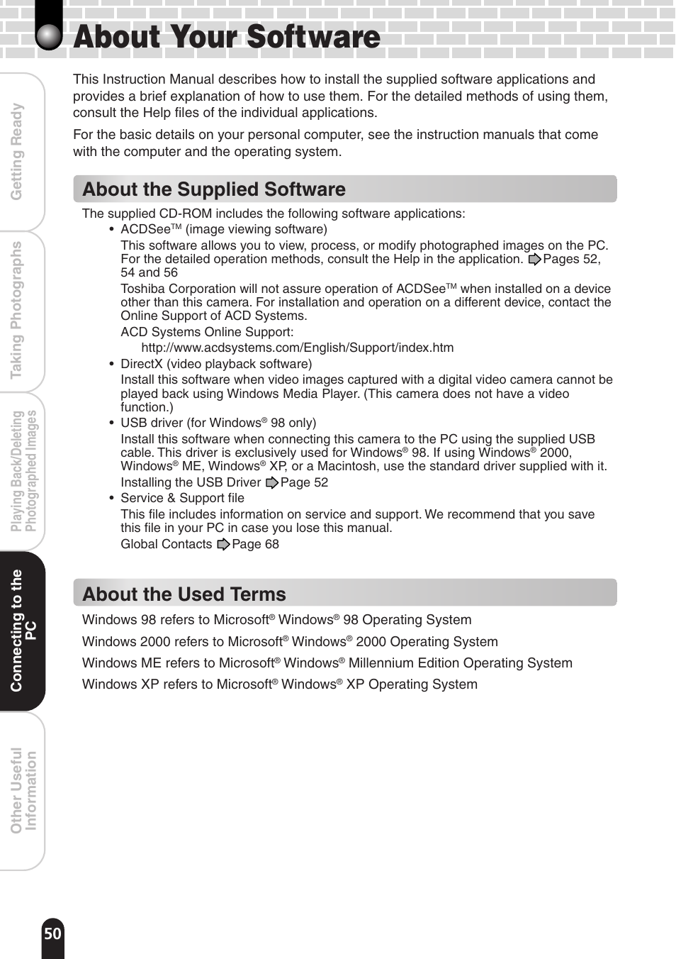 About your software, About the supplied software, About the used terms | Toshiba PDR-T20 User Manual | Page 50 / 70